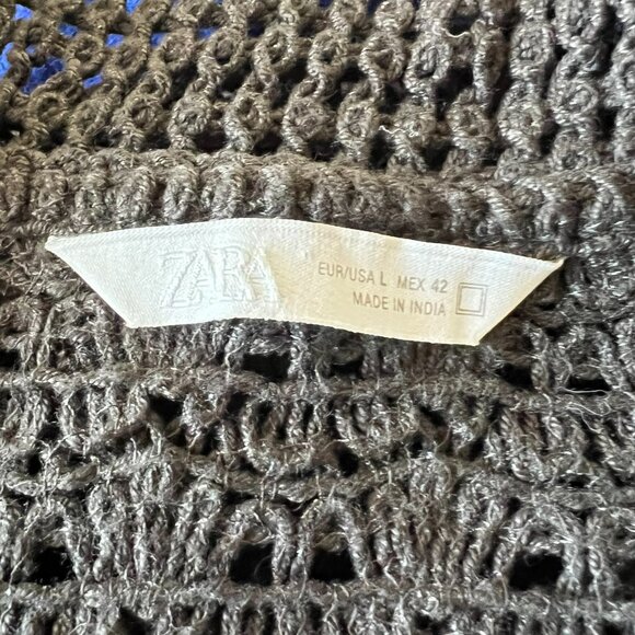 ZARA Collared Crochet Open Knit Polo Top Charcoal Boho Resort Layering L Preppy - Picture 5 of 7